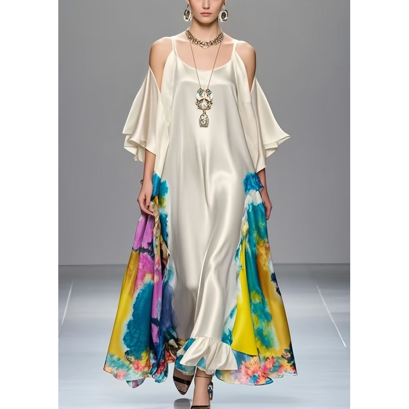Modern White Cold Shoulder Print Silk Maxi Dress Summer