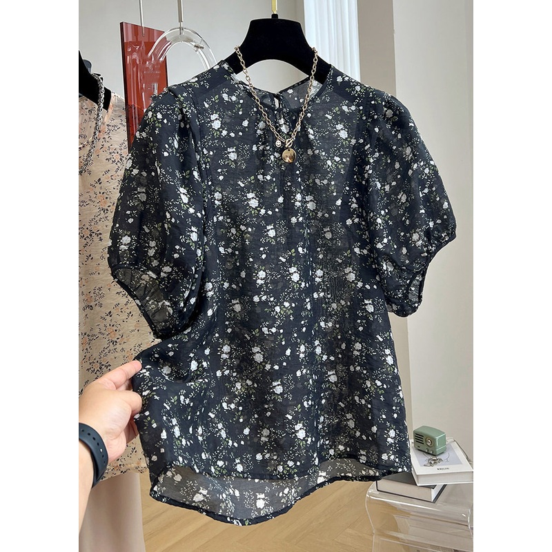 New Black Print Button Cotton Shirt Summer