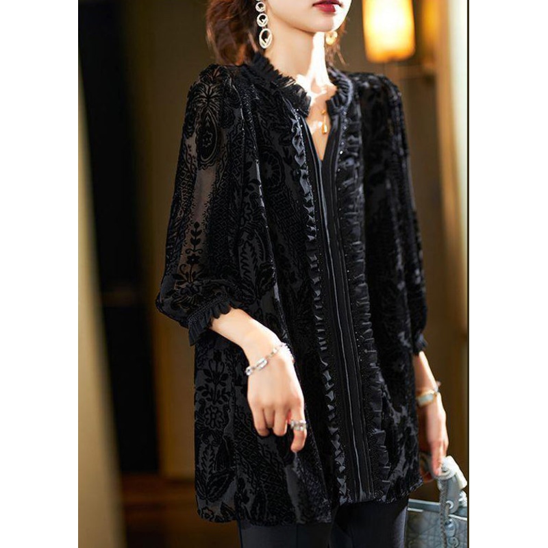 New Black V Neck Ruffled Silk Velour Tops Bracelet Sleeve