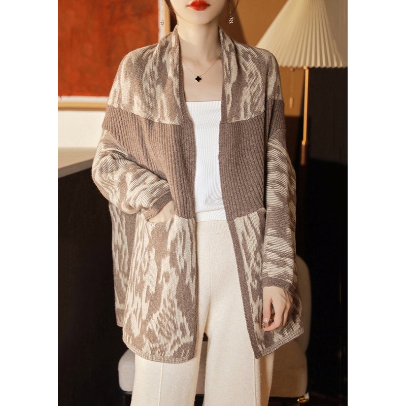 New Camel Pockets Patchwork Wool Knit Cardigan Batwing Sleeve