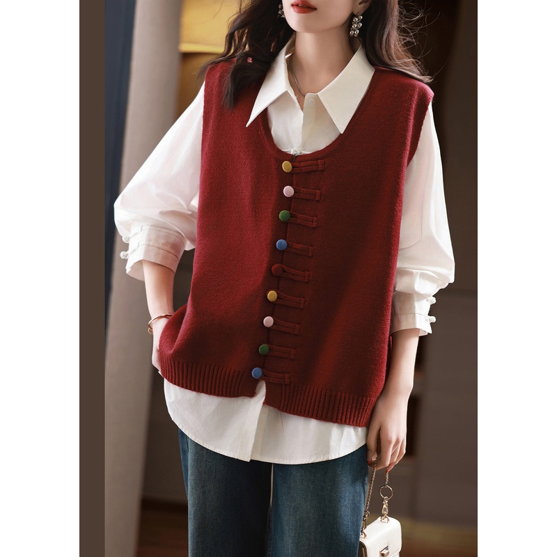 New Chinese Style Red Vest And Shirts Two Pieces Set Fall
