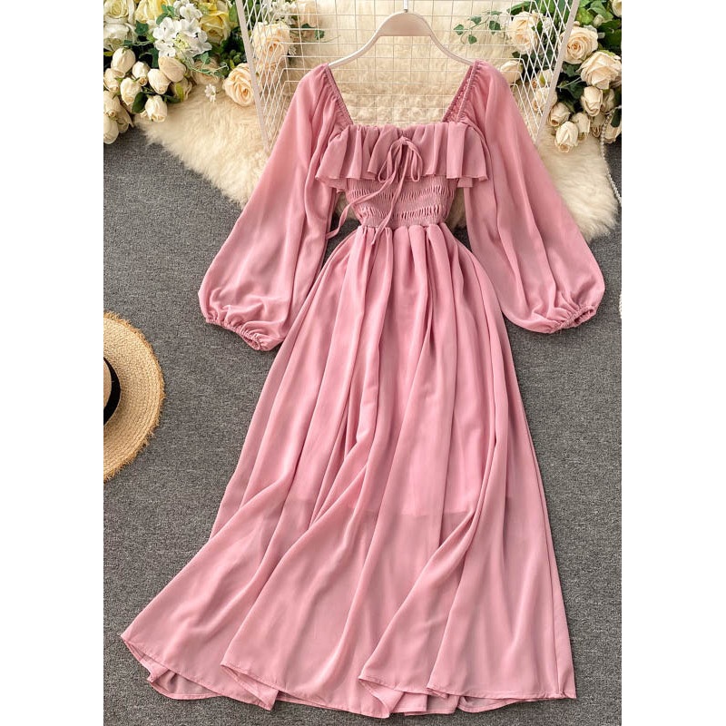 New Pink Square Collar Ruffled Chiffon Dress Fall