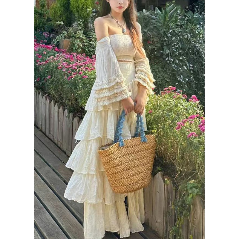 Novelty Apricot Slash Neck Wrinkled Solid Cotton Two Piece Set Flare Sleeve