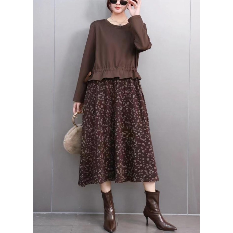 Novelty Coffee O-Neck Patchwork Print Fake Two Pieces Long Dress Spring