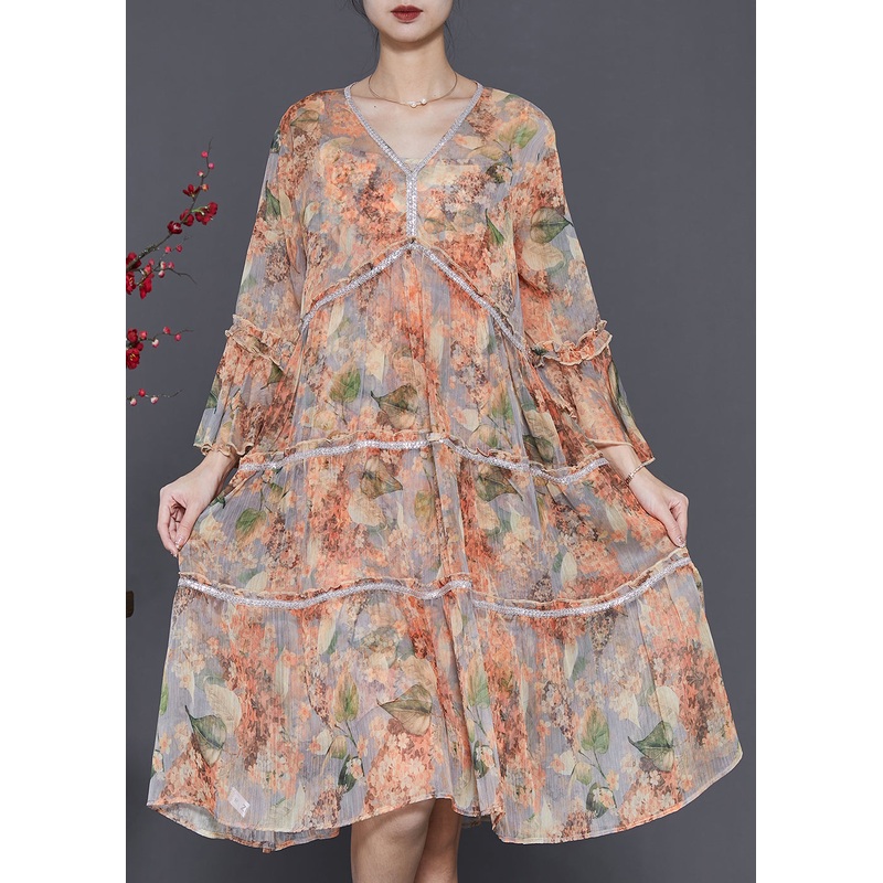 Orange Print Chiffon Party Dress V Neck Flare Sleeve