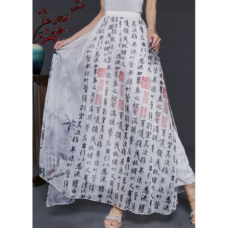 Original Design White Print Chiffon Wide Leg Pants Skirt Summer