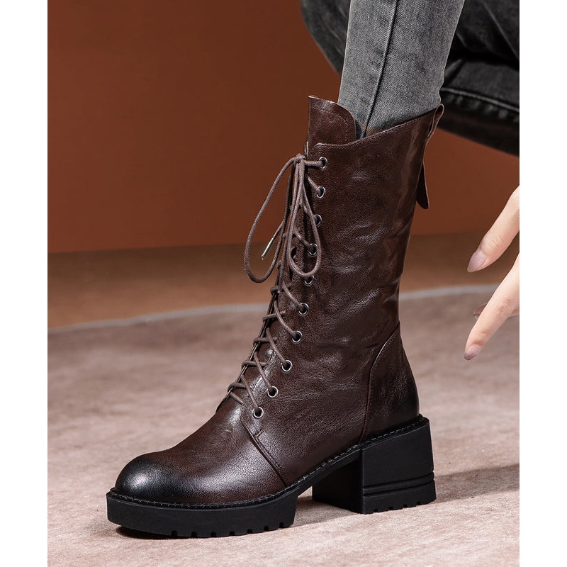 Plus Size Brown Boots Cross Strap Splicing Chunky