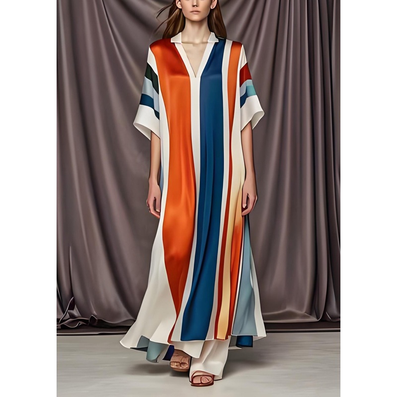 Plus Size Colorblock V Neck Patchwork Silk Maxi Dress Summer