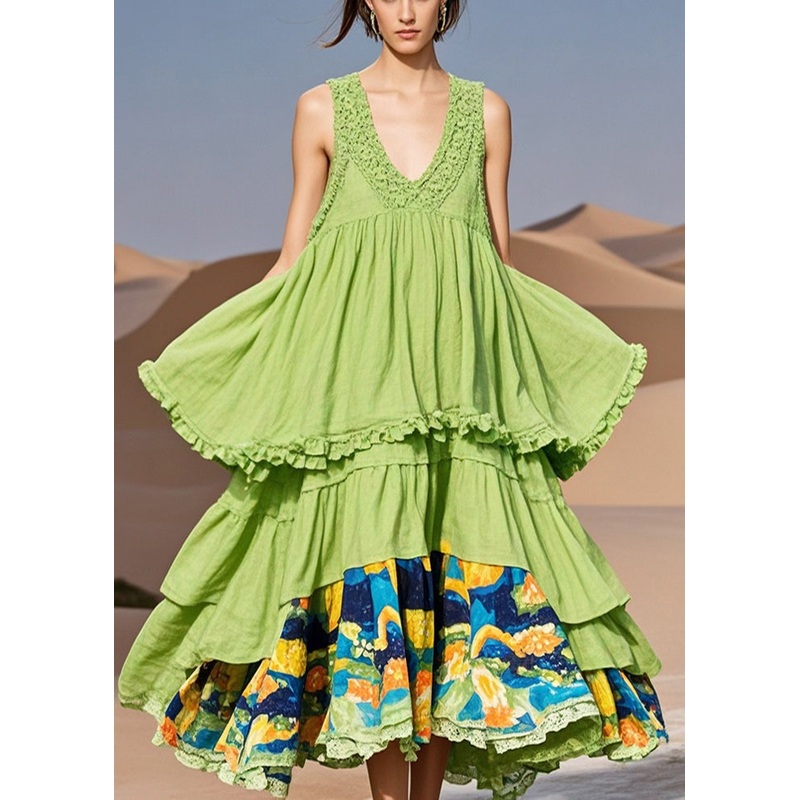 Plus Size Grass Green Ruffled Patchwork Cotton Dress Summer