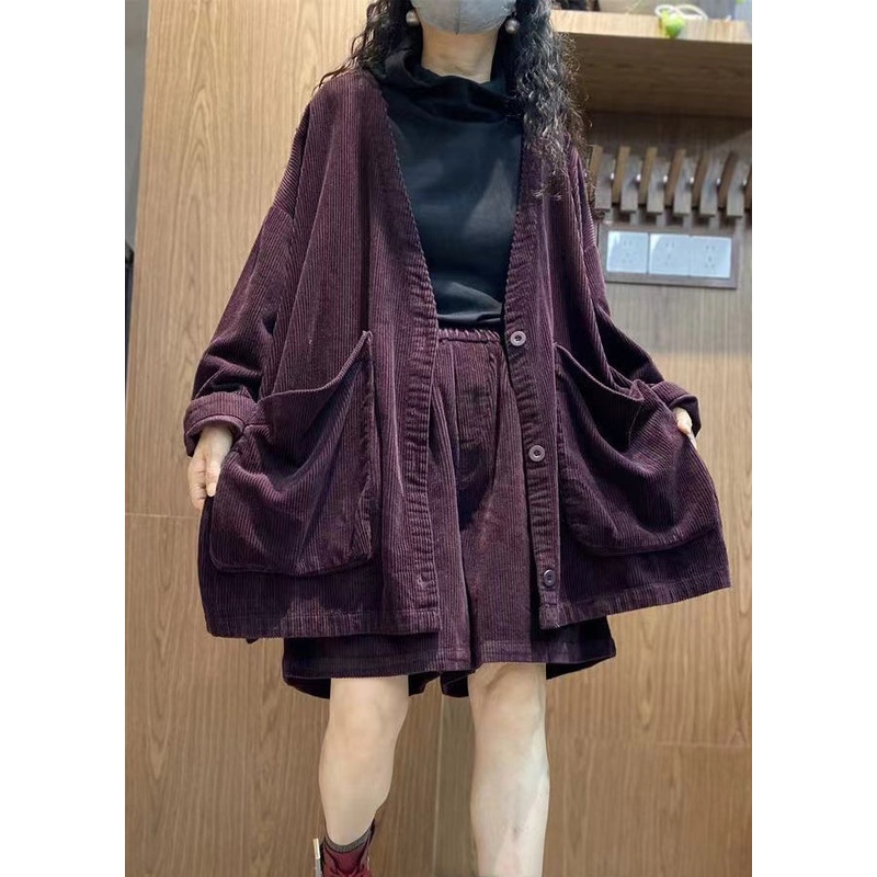 Plus Size Purple Pockets Corduroy Two Piece Suit Set Spring