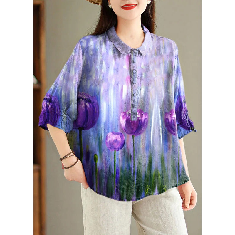 Purple Flowers Button Print Linen Blouses Peter Pan Collar Summer