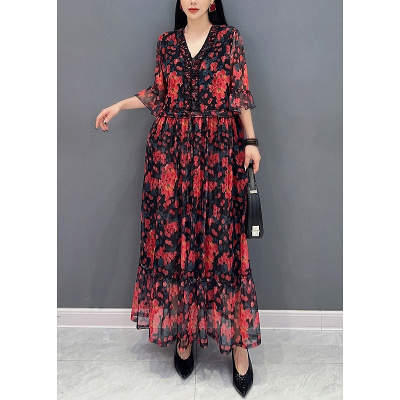 Red Ruffled Patchwork Tie Waist Chiffon Long Dress Half Sleeve