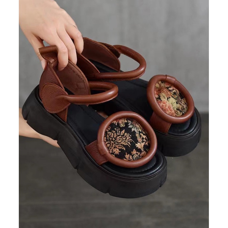 Retro Chocolate Platform Cowhide Leather Fitted Splicing Sandals