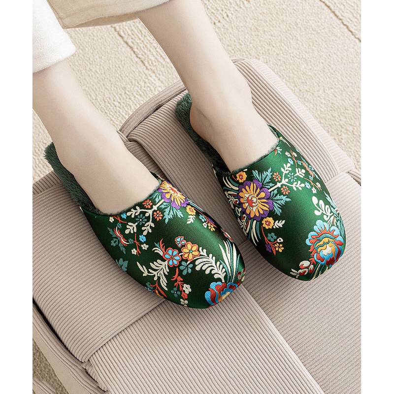 Retro Green Satin Embroidery Slippers Shoes Fuzzy Wool Lined