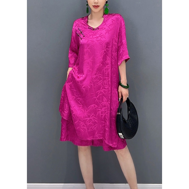 Rose Patchwork Silk Women Sets 2 Pieces Chinese Button Summer