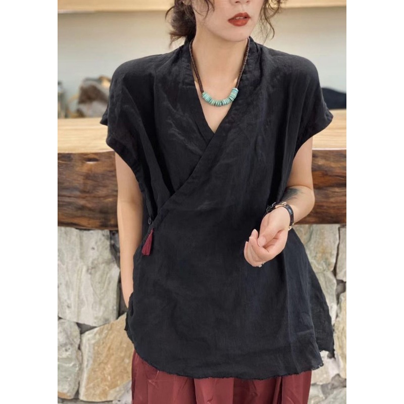 Simple Black V Neck Tie Waist Tassel Top Short Sleeve