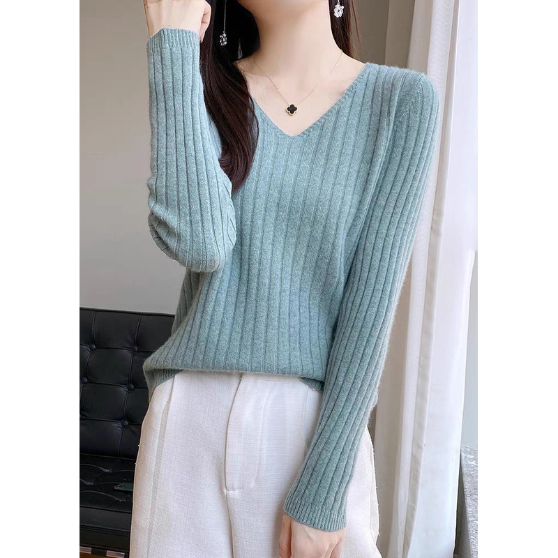 Simple Blue V Neck Solid Knit Sweaters Fall
