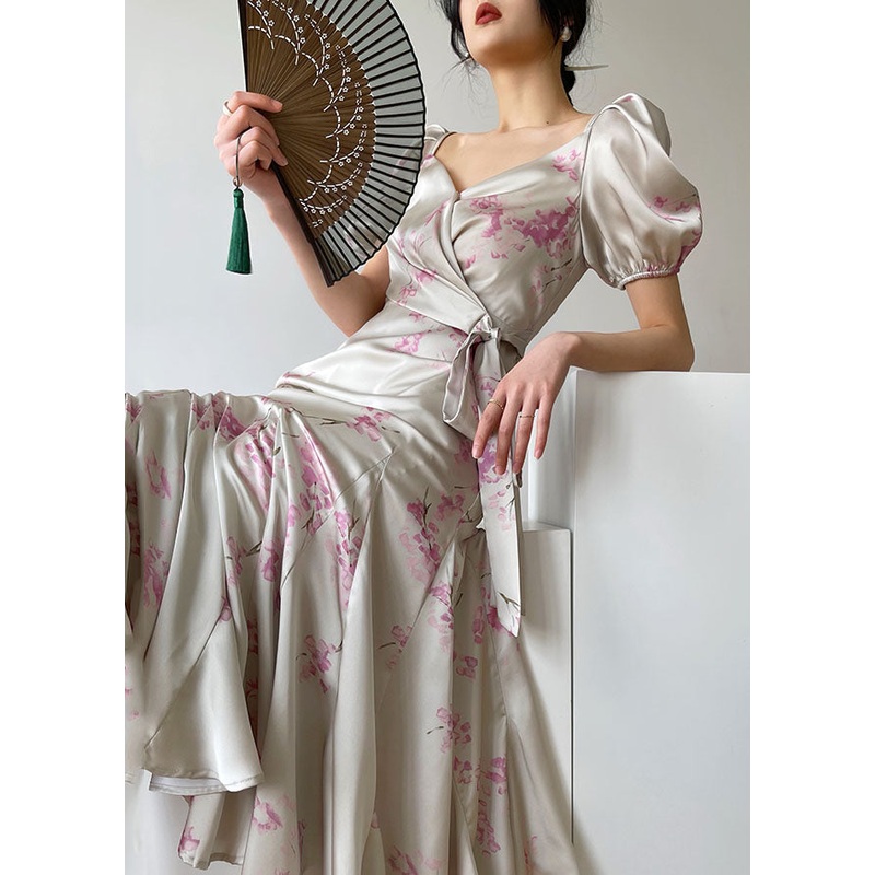 Slim Fit White V Neck Puff Sleeve Print Silk Dresses