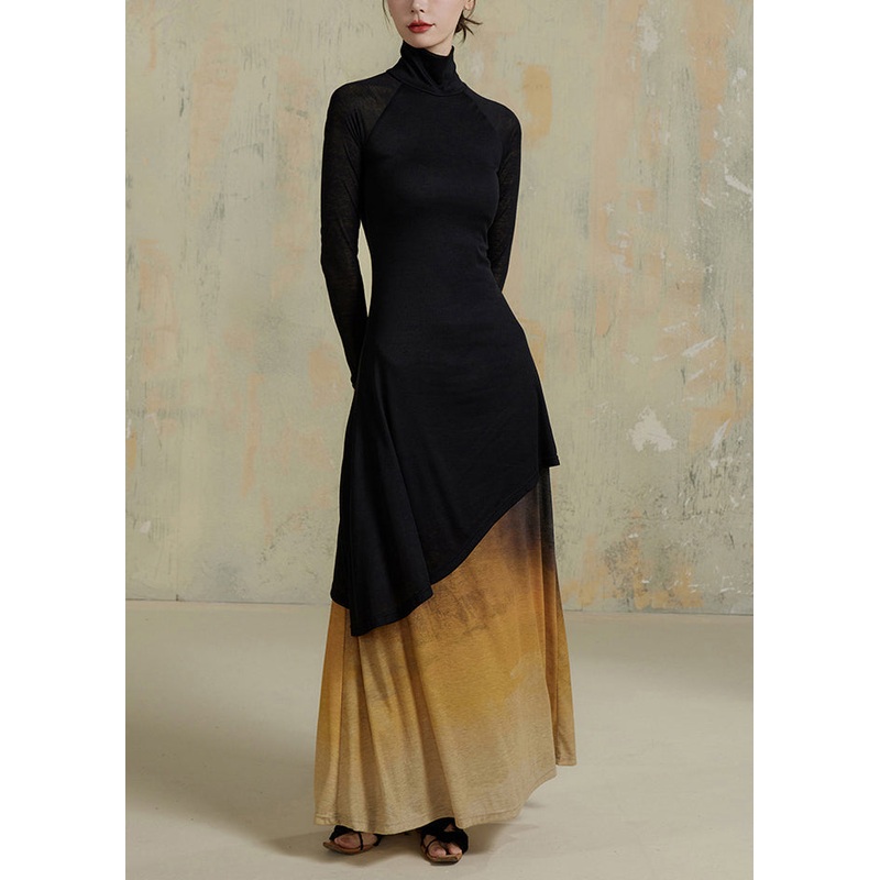 Slim Fit Yellow Gradient Hign Neck Patchwork Cotton Robe Dresses Fall