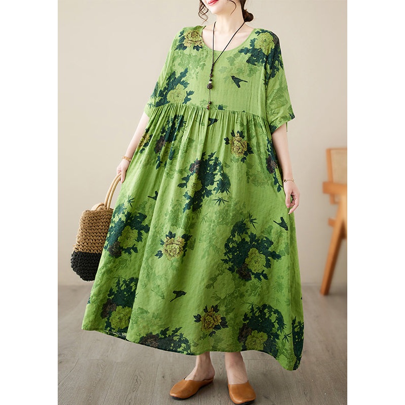 Style Green Print Wrinkled Long Dresses Half Sleeve