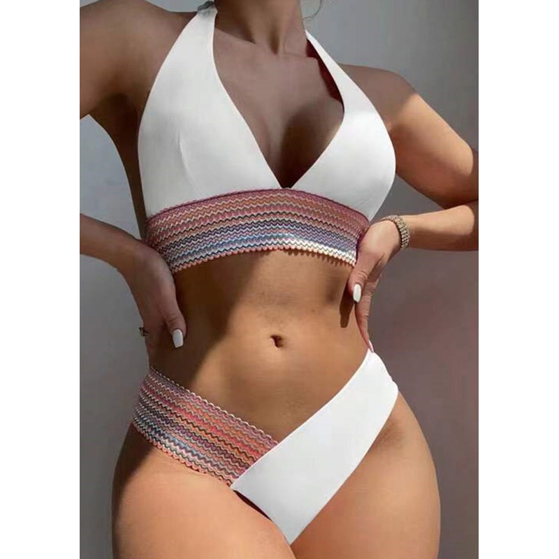 Style White Halter Lace Up Backless Swimwear Set