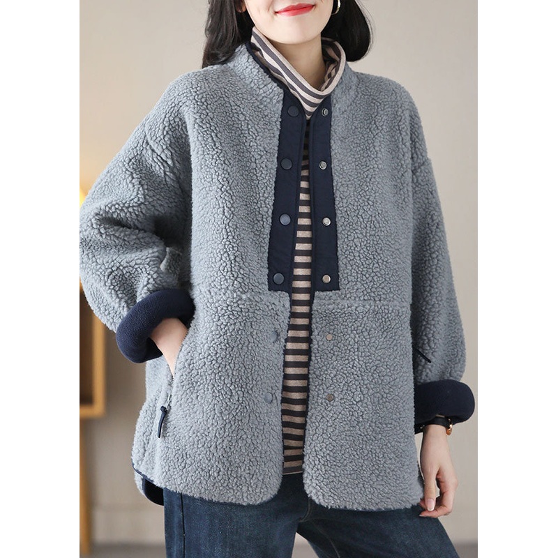 Stylish Grey Blue Stand Collar Patchwork Teddy Faux Fur Jackets Spring