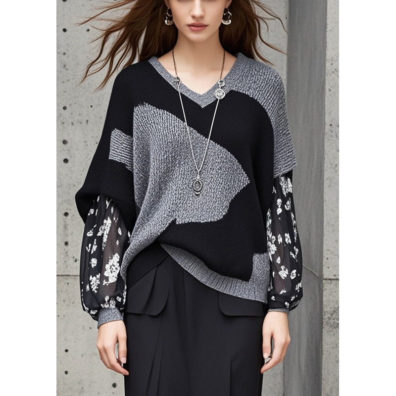 Stylish Grey V Neck Patchwork Knit Fake Two Piece Sweater Fall