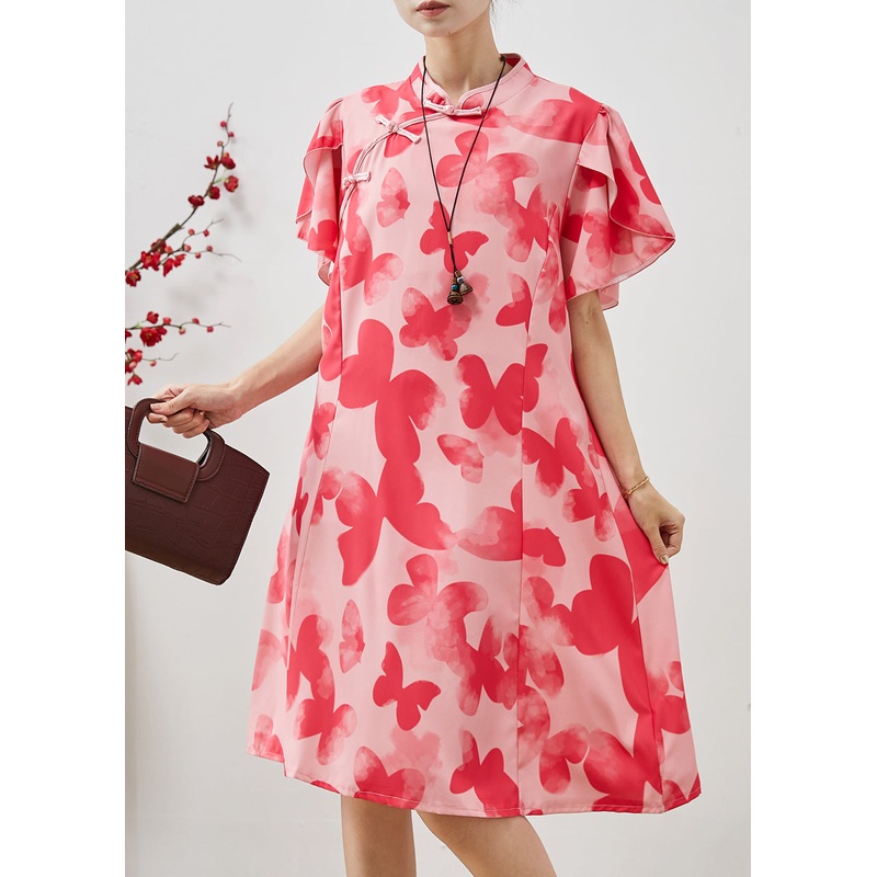 Stylish Pink Butterfly Chiffon Cheongsam Dresses Petal Sleeve