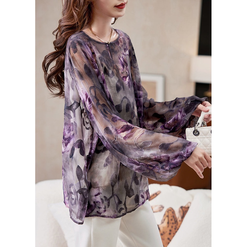 Stylish Purple O-Neck Print Chiffon Top Spring