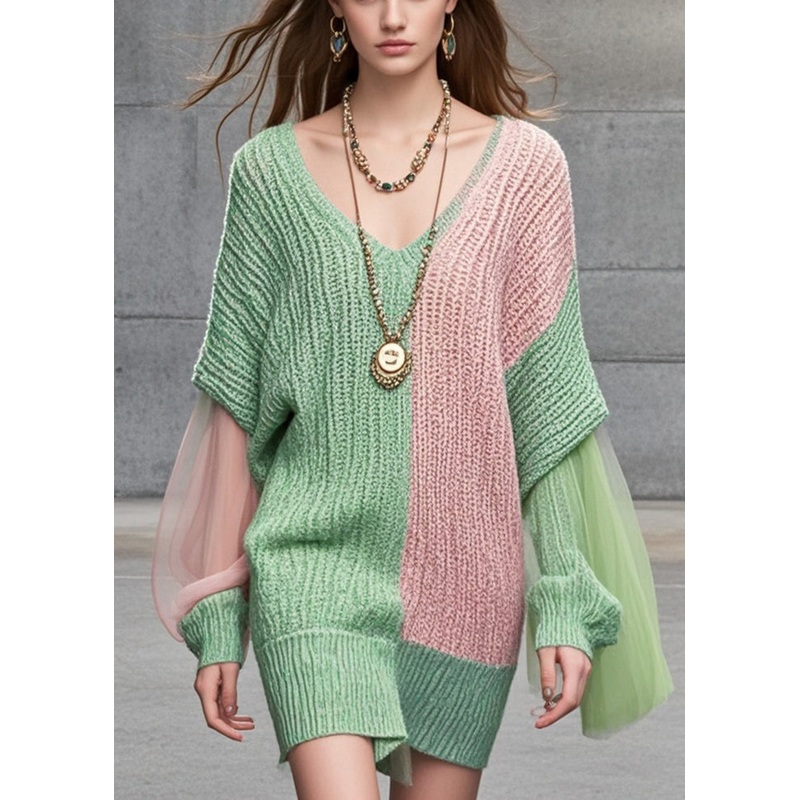 Unique Colorblock Asymmetrical Patchwork Tulle Long Sweater Batwing Sleeve