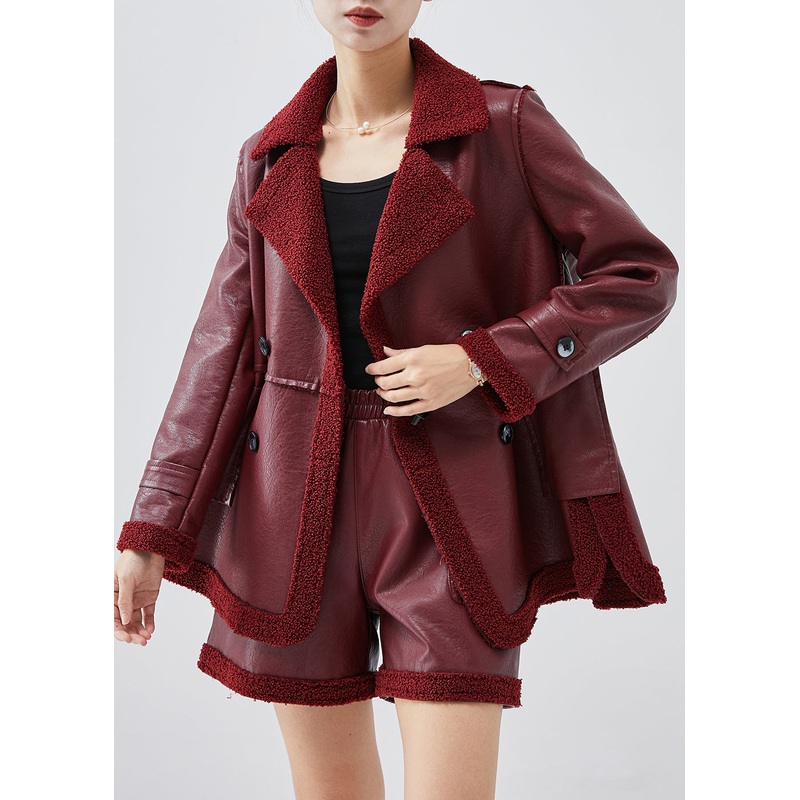 Unique Mulberry Double Breast Patchwork Faux Fur Two Pieces Set Winter