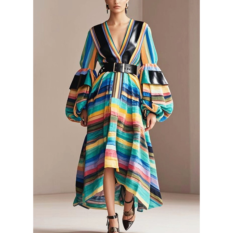 Unique Rainbow Striped Patchwork Cotton Cinched Dresses Lantern Sleeve