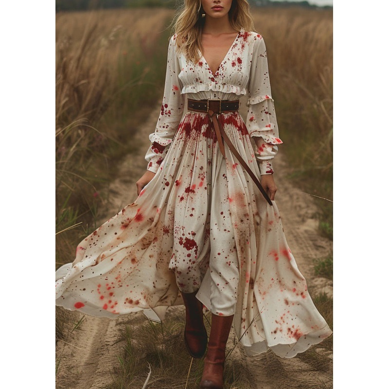 Unique V Neck Ruffled Print Patchwork Cotton Dresses Long Sleeve