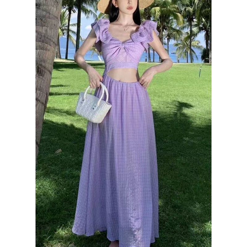 Vacation Style Purple Slash Neck Hollow Out Dress Butterfly Sleeve