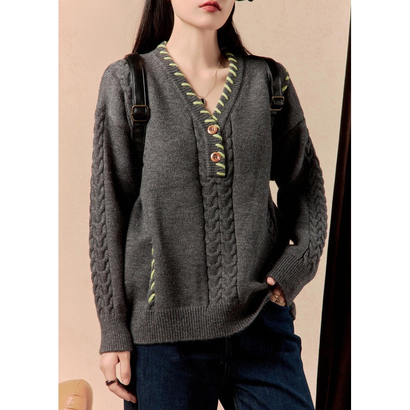 Vintage Dark Gray V Neck Cable Cotton Knit Sweater Winter