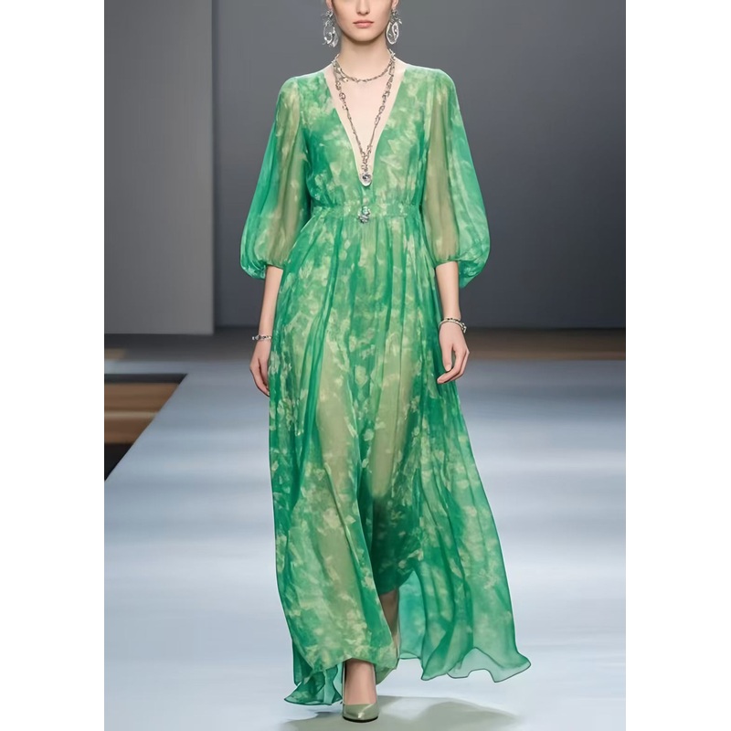 Vintage Green Print Chiffon Robe Dresses Bracelet Sleeve