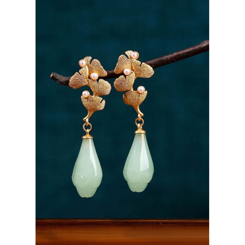 Vintage Light Green Copper Overgild Pearl Ginkgo Leaf Water Drop Drop Earrings