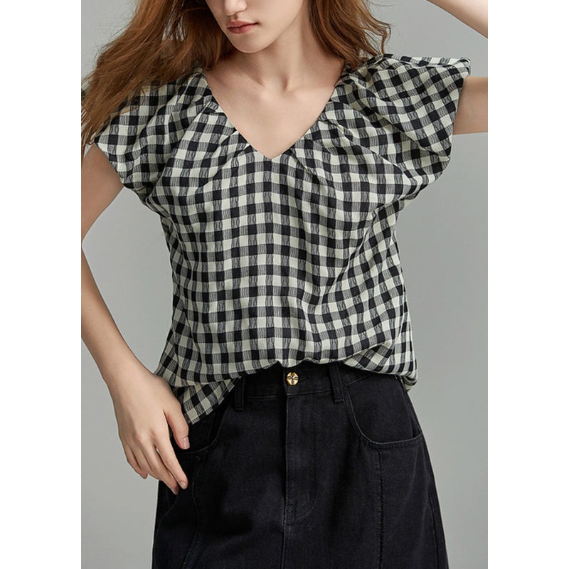 Vintage Plus Size Black V Neck Plaid Shirt Short Sleeve