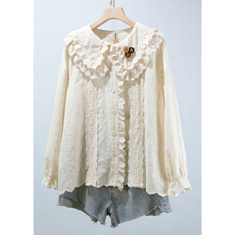 Women Beige Embroideried Button Cotton Blouses Long Sleeve