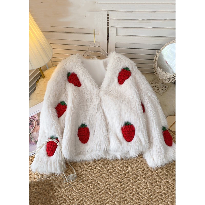 Women Beige V Neck Embroidered Fluffy Coats Winter