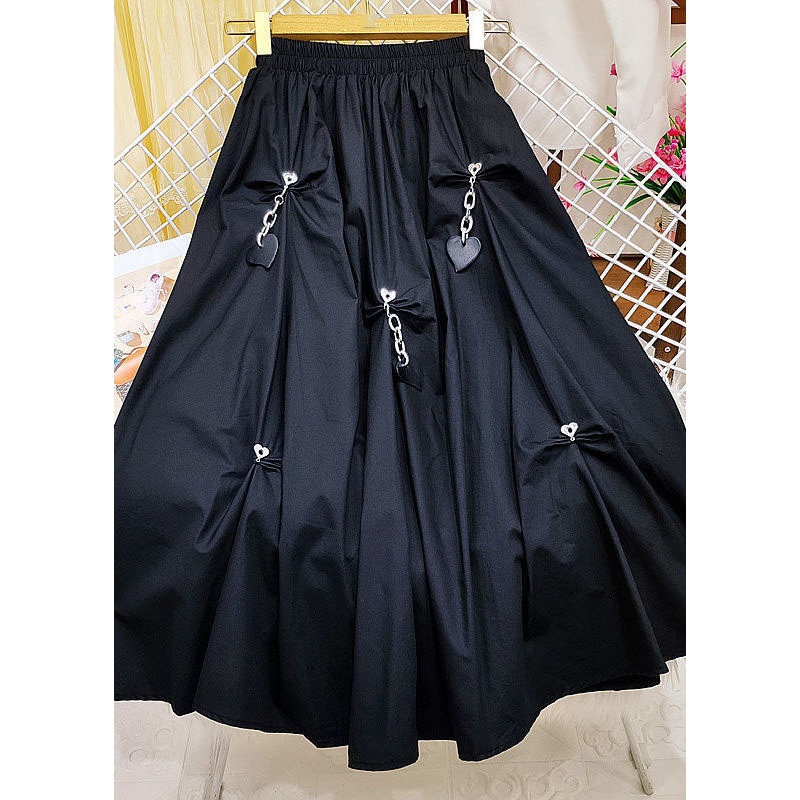 Women Black Elastic Waist Wrinkled Heart Decorated Cotton Skirts Summer