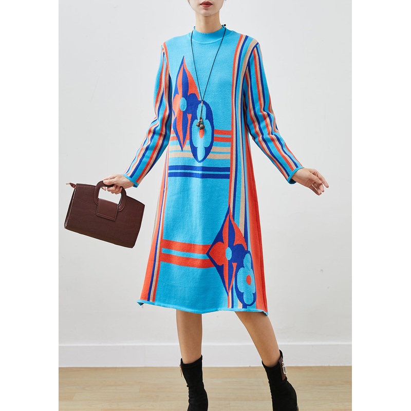 Women Blue Stand Collar Print Knit A Line Dress Spring