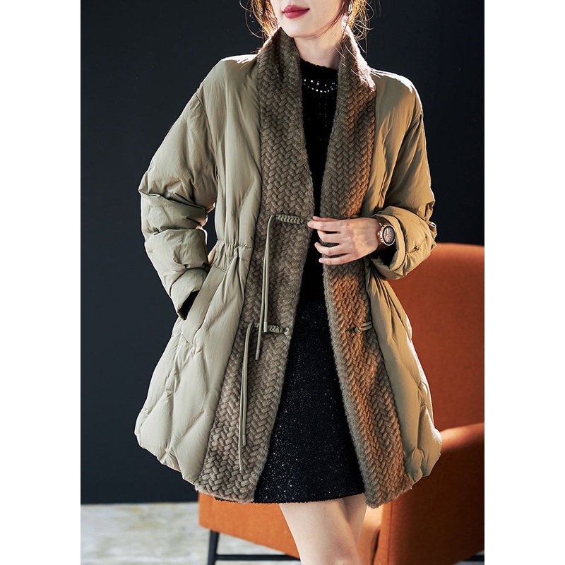 Women Green Chinese Button Patchwork Duck Down Puffers Jackets Winter