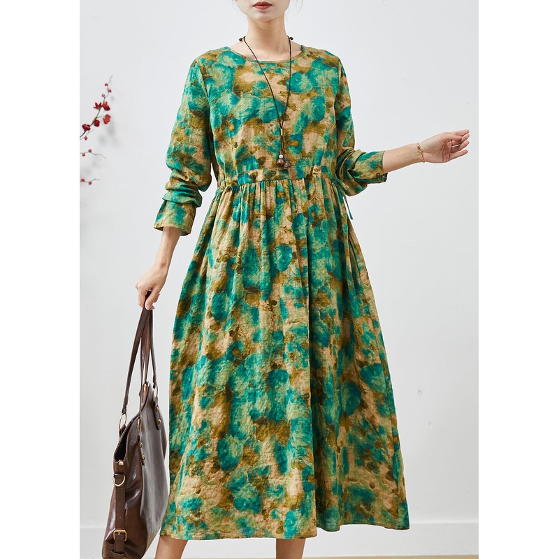 Women Green Cinched Print Cotton Long Dress Spring