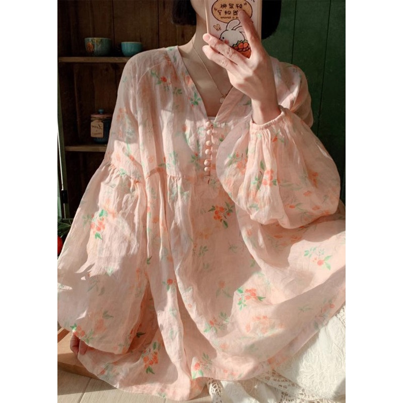 Women Pink Button Print Cotton Blouse Lantern Sleeve