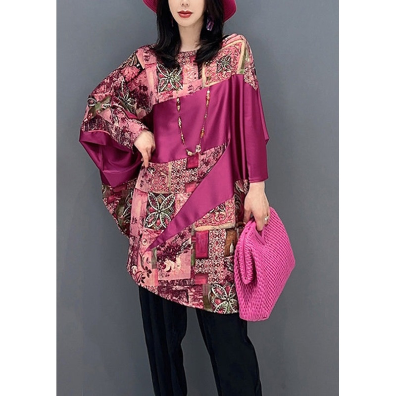 Women Red O-Neck Print Patchwork Top Batwing Sleeve