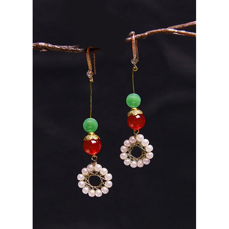 Women Sunflower Pearl Coral Long Drop Earrings