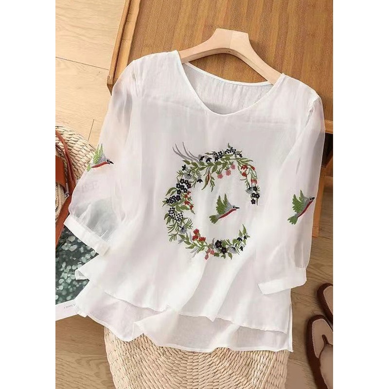 Women White O Neck Embroideried Cotton T Shirts Summer