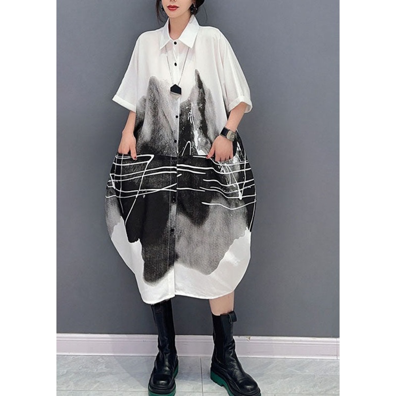 Women White Peter Pan Collar Print Cotton Shirts Dress Summer