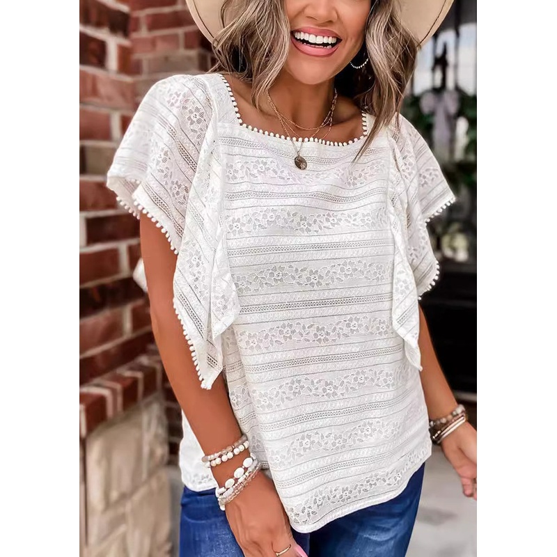 Women White Square Collar Hollow Out Lace Blouses Summer